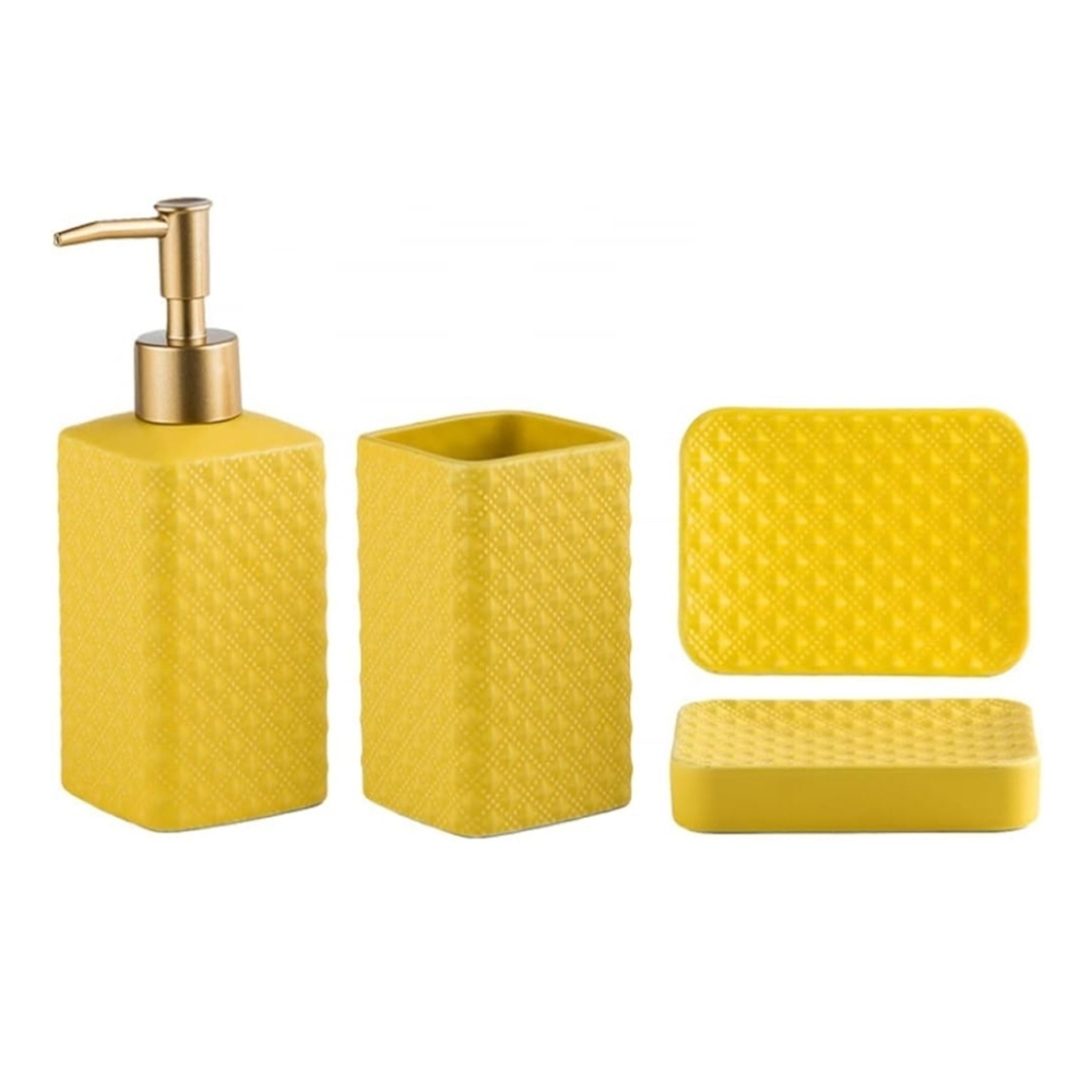NWT 3-pc Ceramic Bathroom Accessory Set In Matte Yellow Lotion Soap Cup Holder